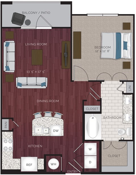 Floor plan for 1 bed, 1 bath, 791 sqft